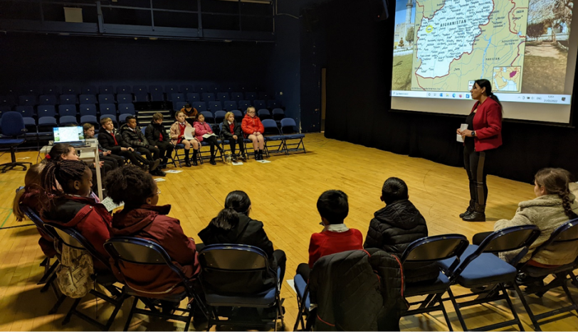 Figure 3: Sweeta talking to pupils from St Joseph’s Cathedral Primary School